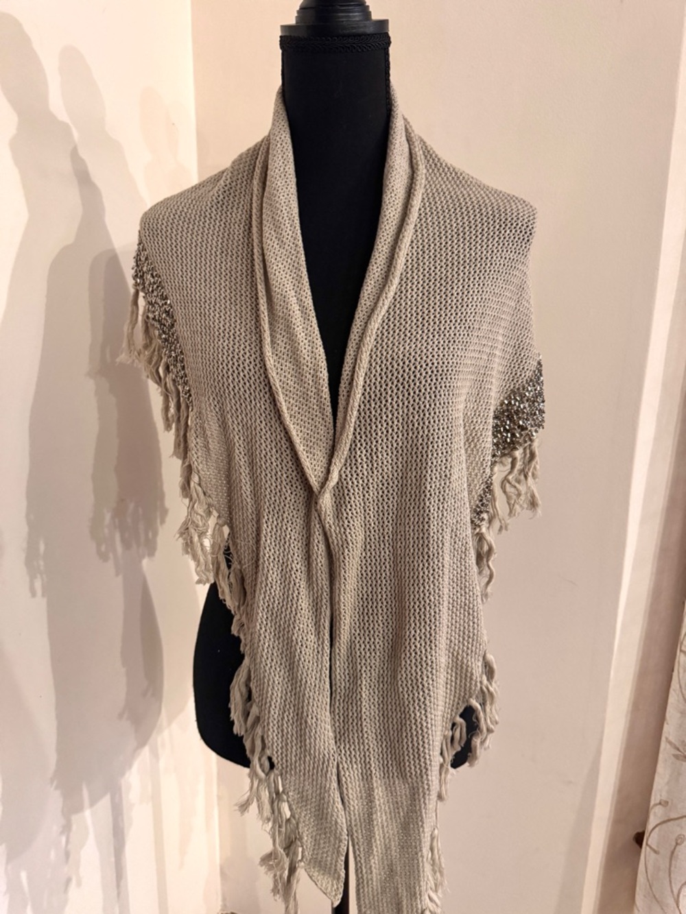 Beaded Knit Shawl - Light Beige